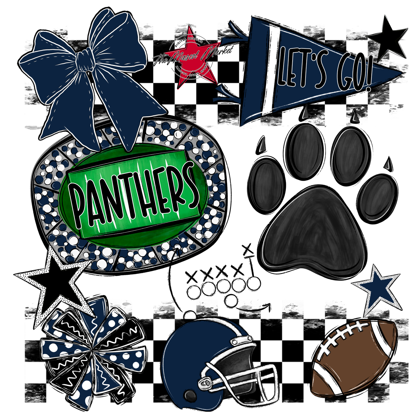 Panthers Checkers Mascot Spirit Design w Paw-Navy