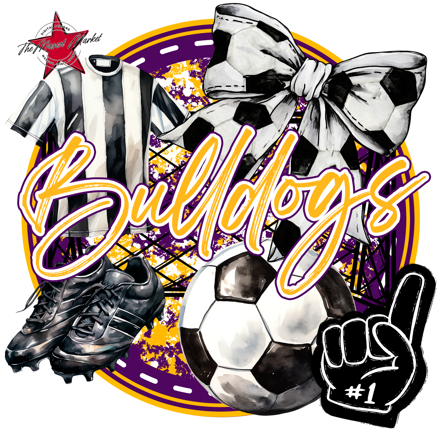 Bulldogs Circle Soccer Design-Purple-Yellow