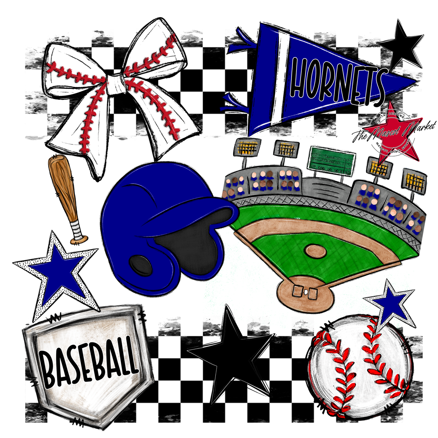 Hornets Checkers Baseball Spirit Design-Blue