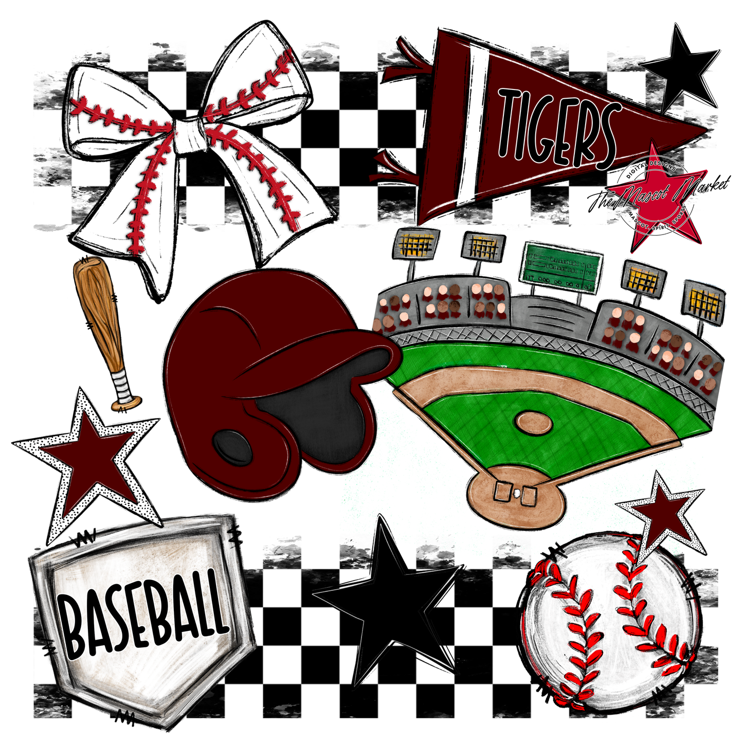 Tigers Checkers Baseball Spirit Design-Maroon