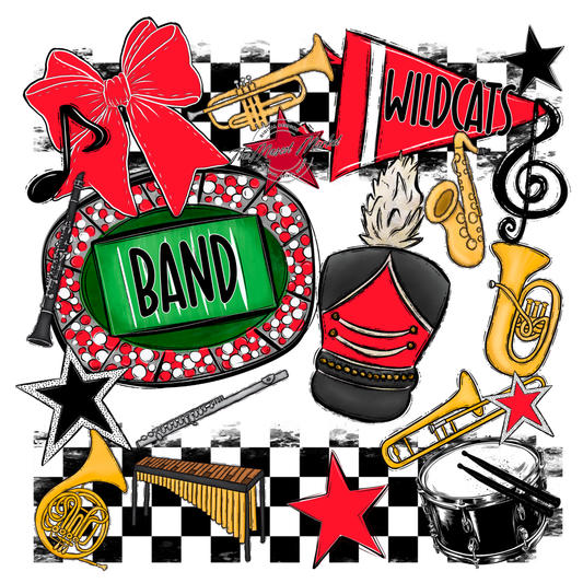 Wildcats Checkers Band Spirit Design-Bright Red