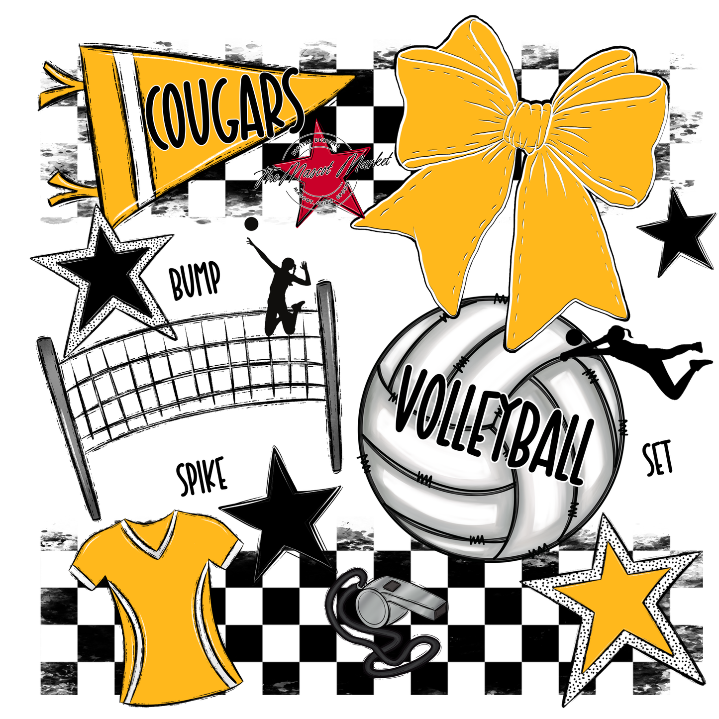 Cougars Checkers Volleyball Spirit Design-Yellow
