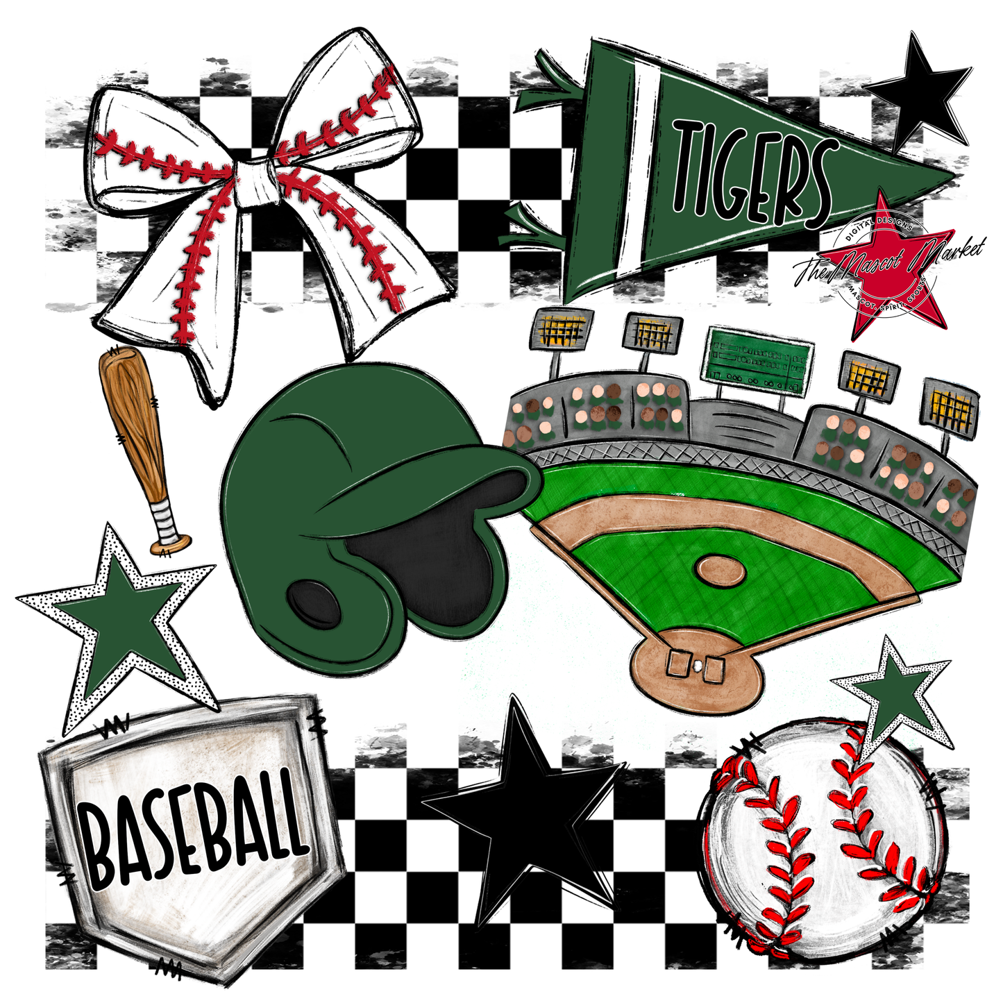 Tigers Checkers Baseball Spirit Design-Green