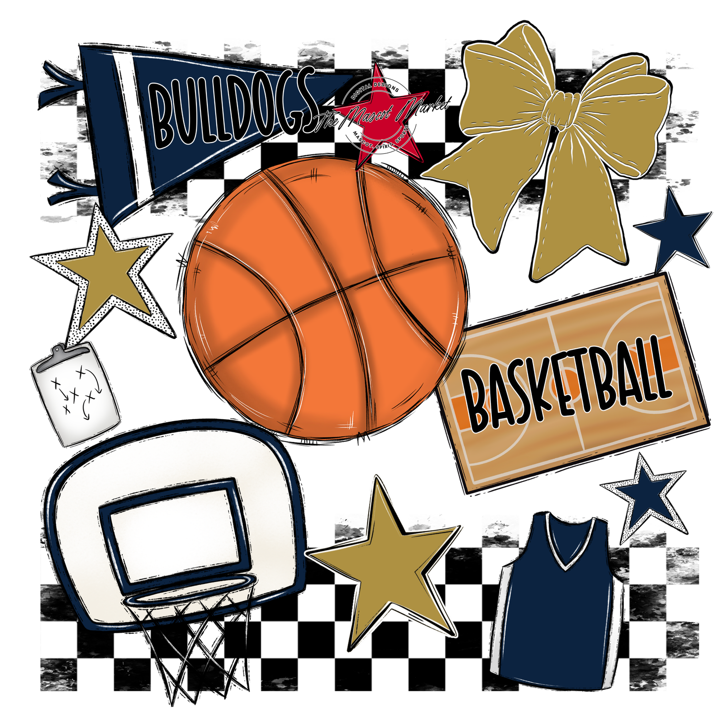 Bulldogs Checkers Basketball Spirit Design-Navy-Gold