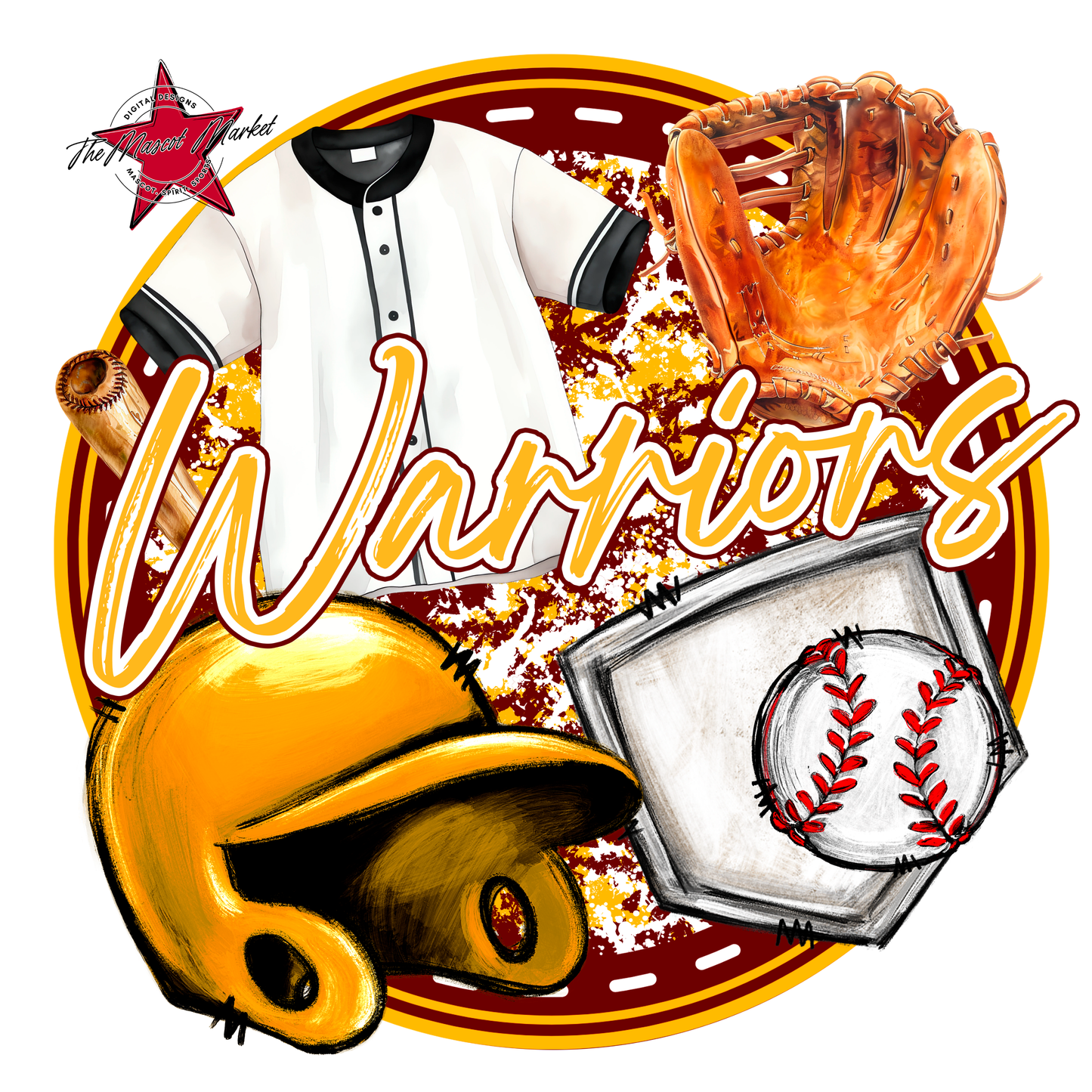Warriors Circle Baseball Design-Maroon-Yellow