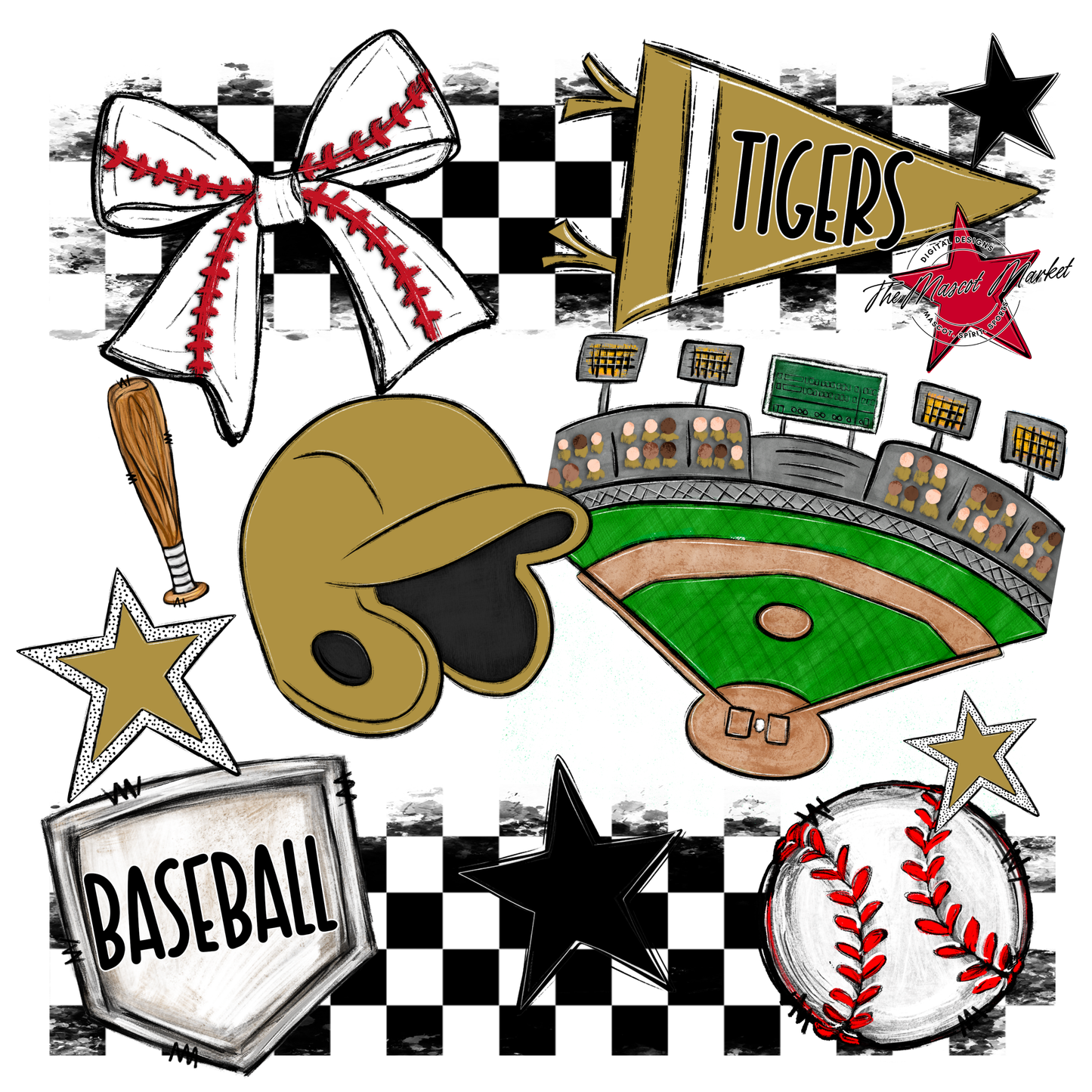 Tigers Checkers Baseball Spirit Design-Gold