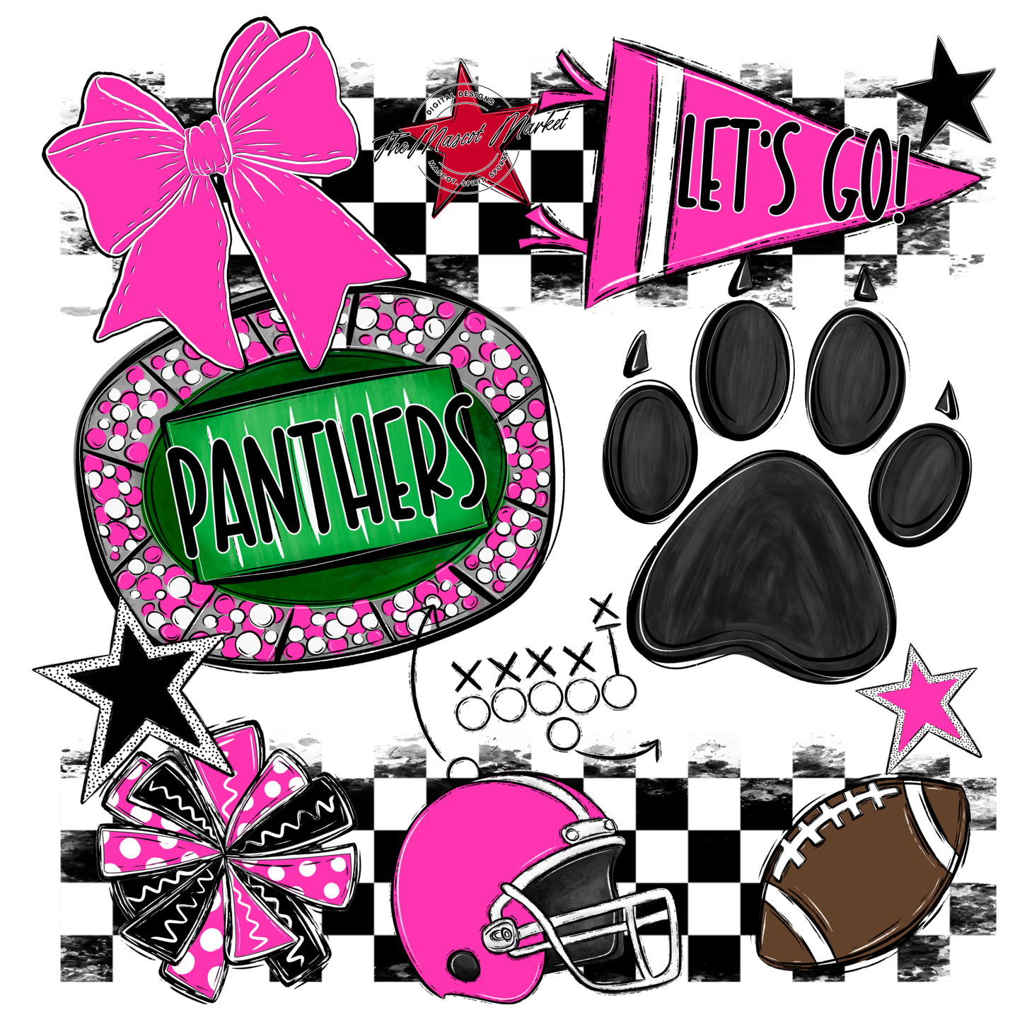Panthers Checkers Mascot Spirit Design w Paw-Pink