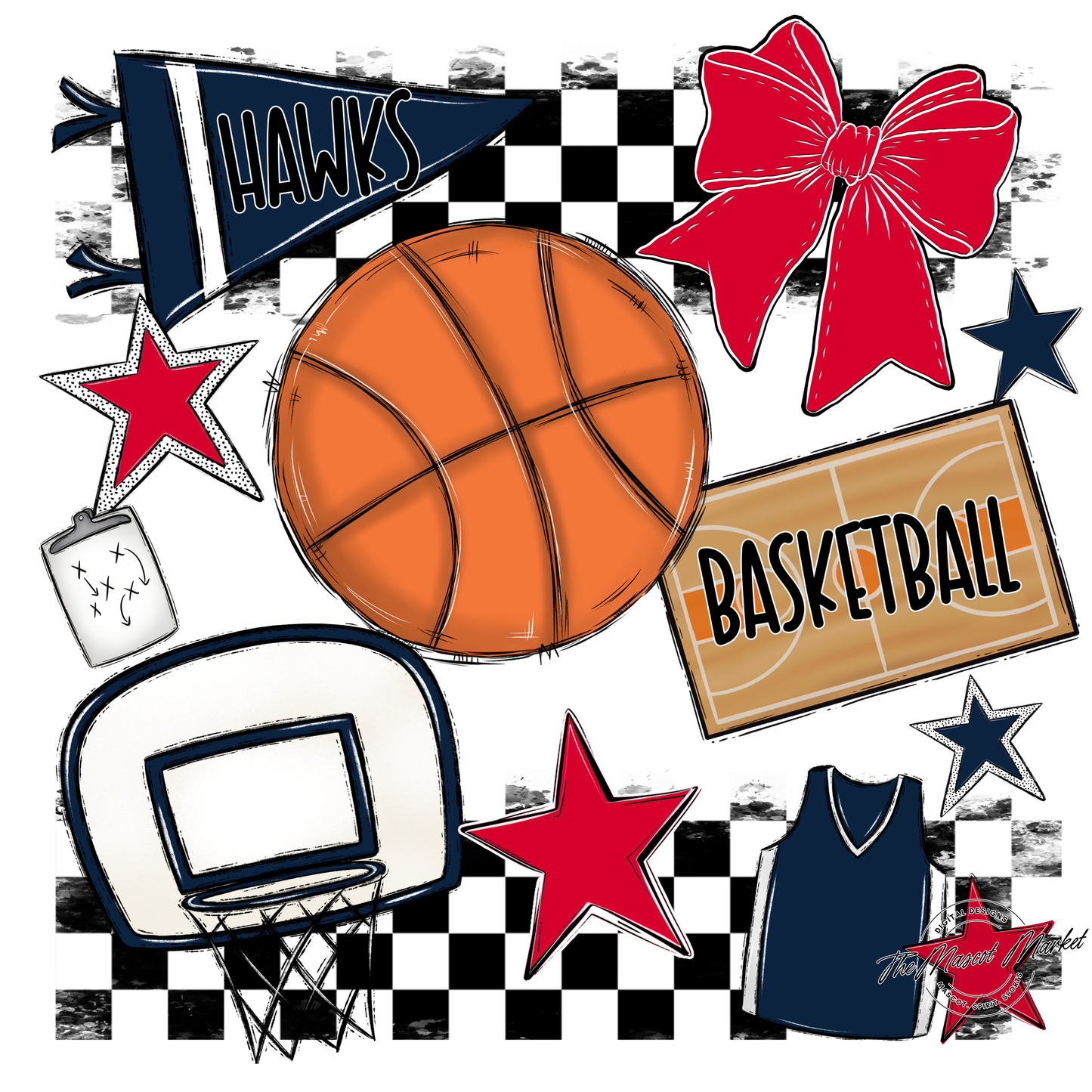 Hawks Checkers Basketball Spirit Design-Navy-Red