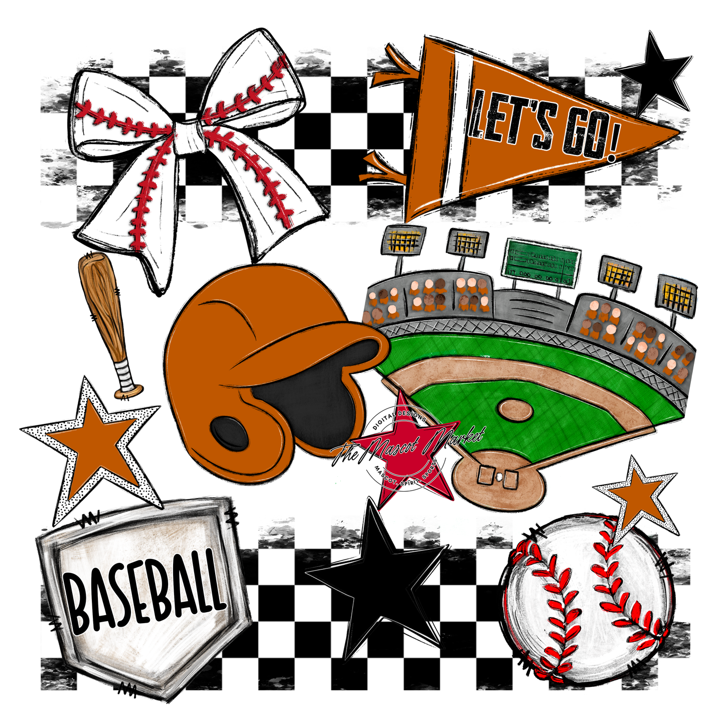Baseball Checkers Spirit Design-Burnt Orange