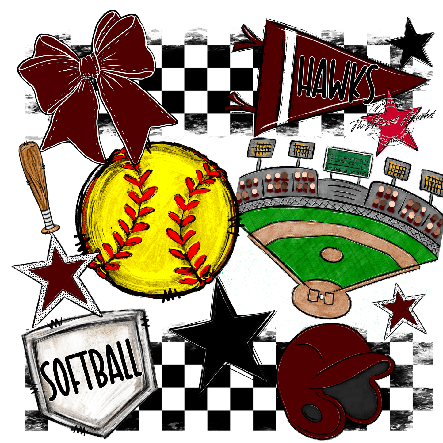 Hawks Checkers Softball Spirit Design-Maroon