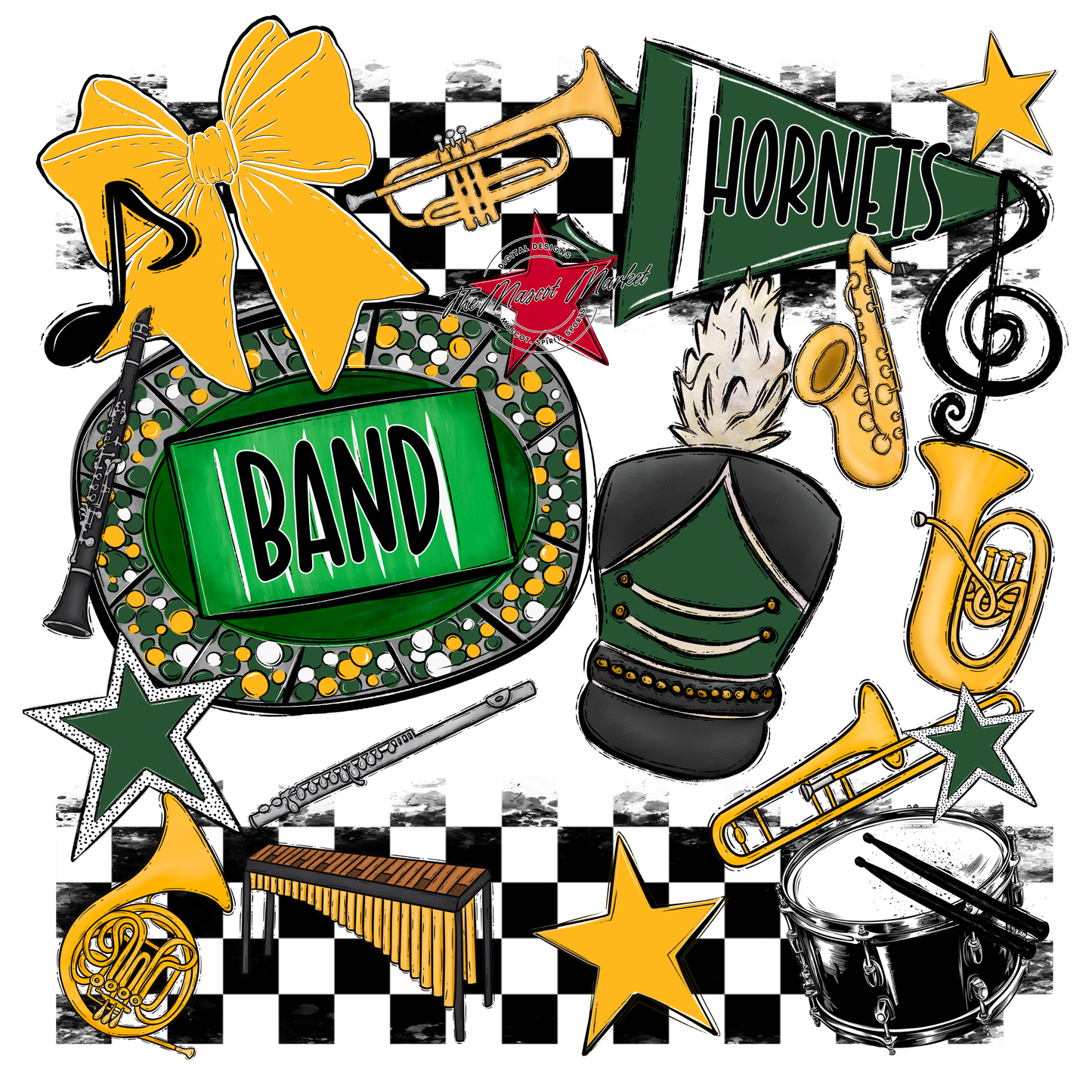 Hornets Checkers Band Spirit Design-Green-Yellow