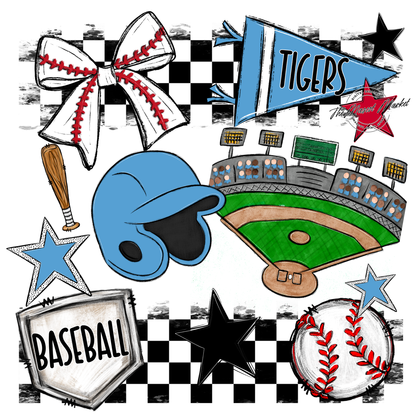Tigers Checkers Baseball Spirit Design-Carolina Blue