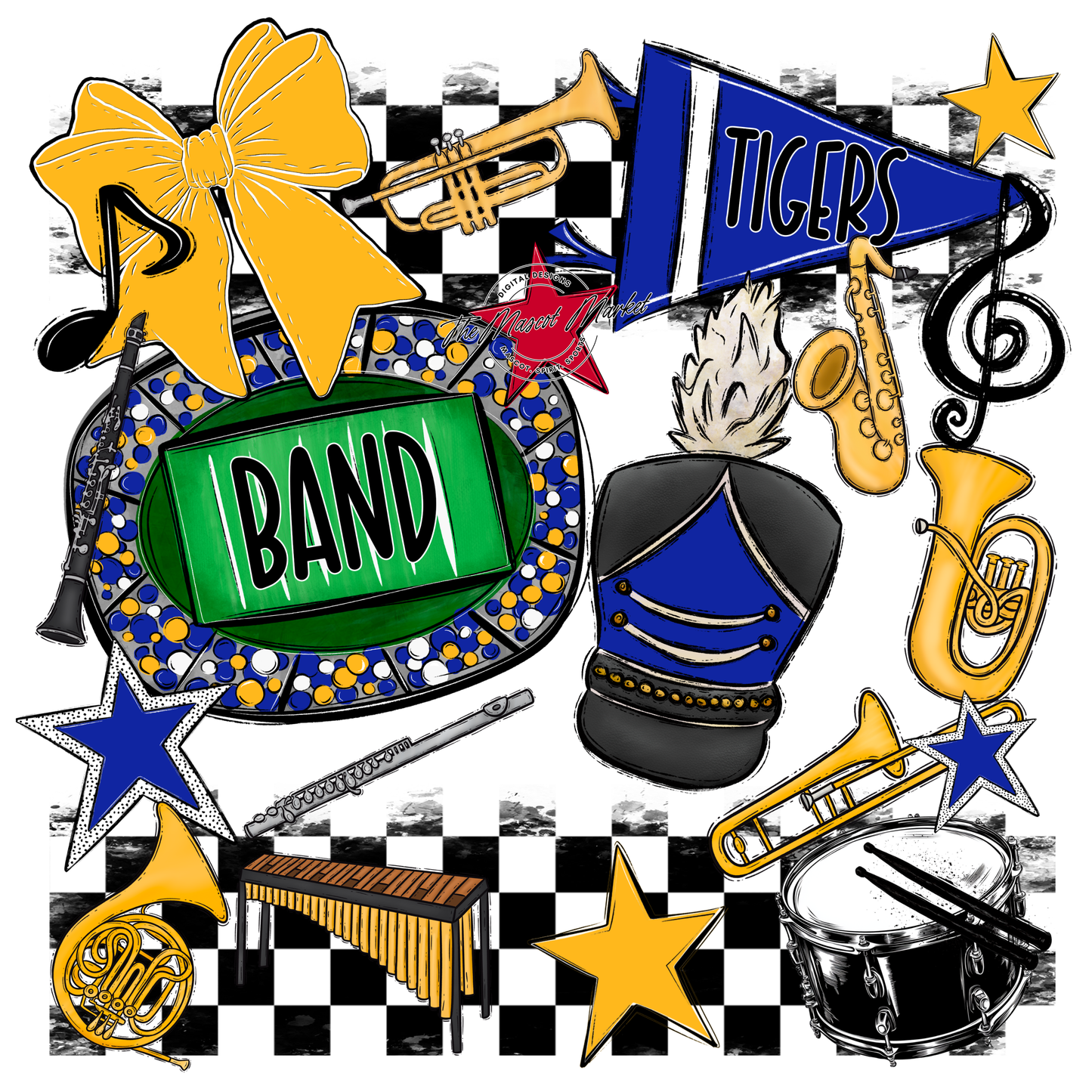 Tigers Checkers Band Spirit Design-Royal Blue-Yellow