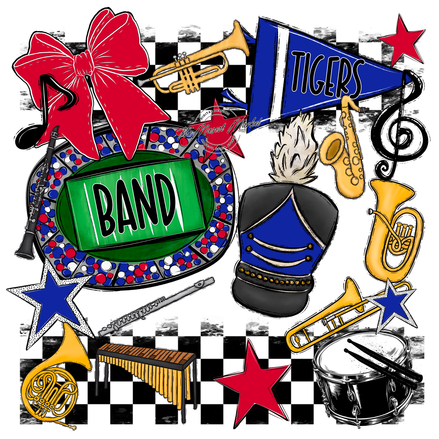 Tigers Checkers Band Spirit Design-Royal Blue-Red