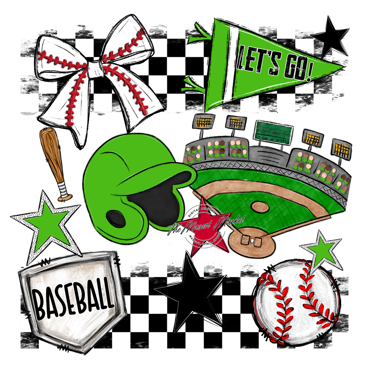 Baseball Checkers Spirit Design-Bright Green