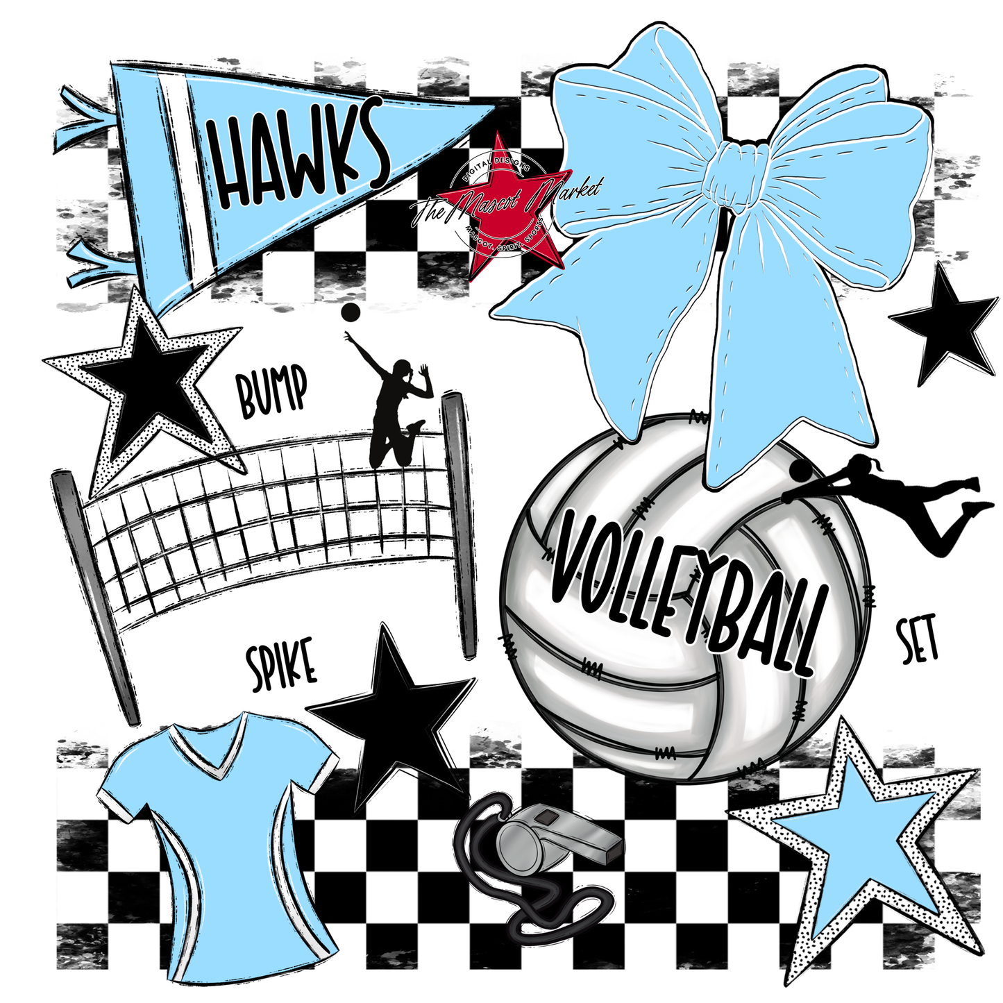 Hawks Checkers Volleyball Spirit Design-Columbia Blue