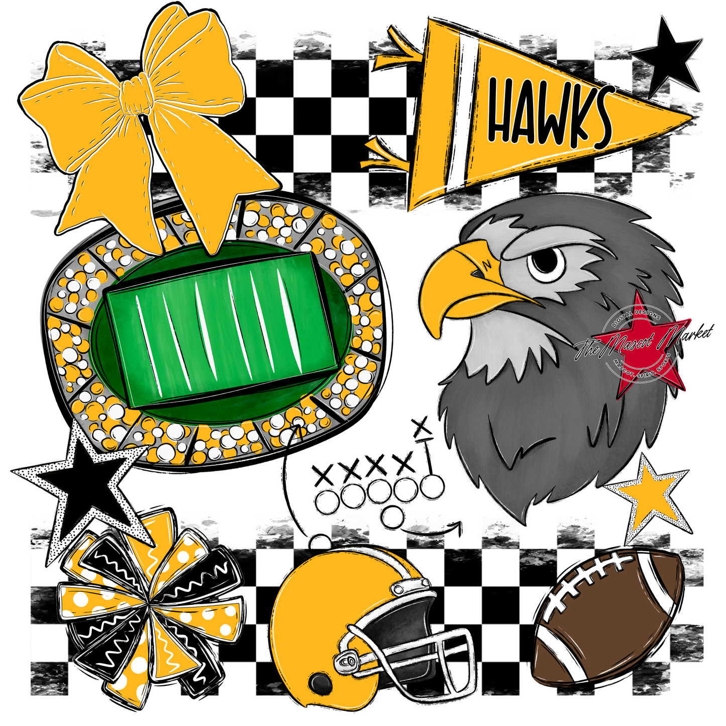 Hawks Checkers Mascot Spirit Design-Yellow