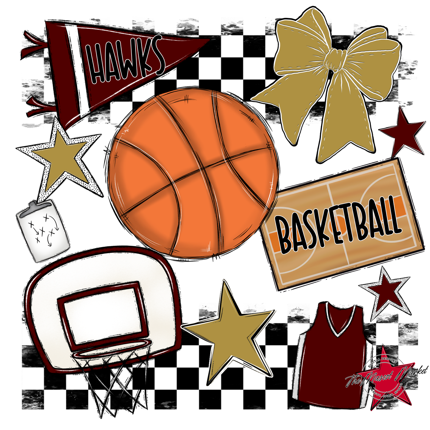 Hawks Checkers Basketball Spirit Design-Maroon-Gold