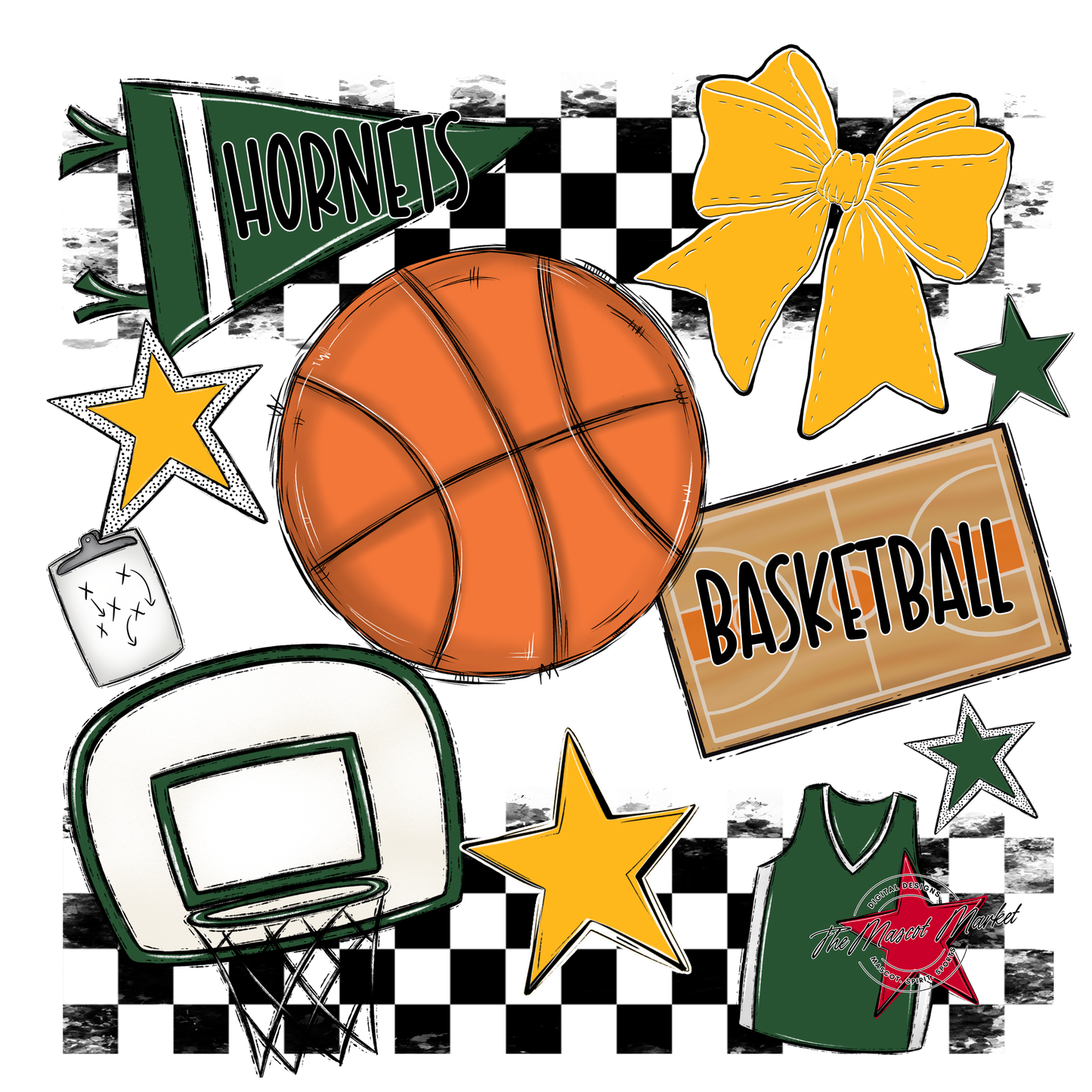 Hornets Checkers Basketball Spirit Design-Green-Yellow