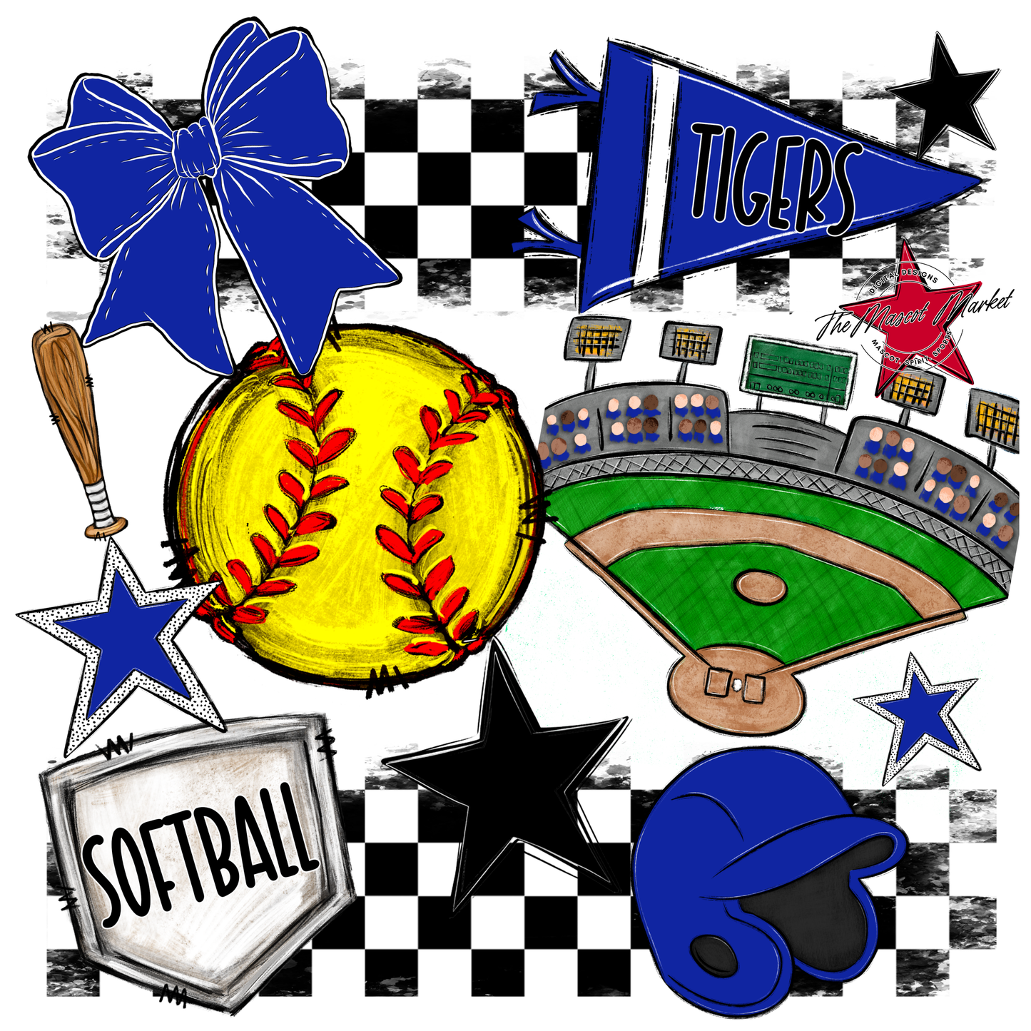 Tigers Checkers Softball Spirit Design-Royal Blue