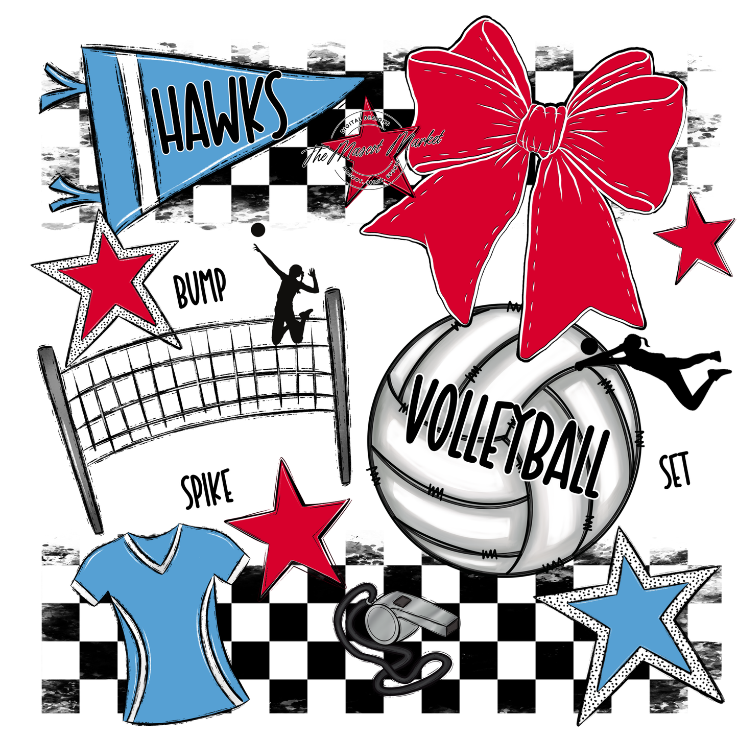 Hawks Checkers Volleyball Spirit Design-Carolina Blue-Red