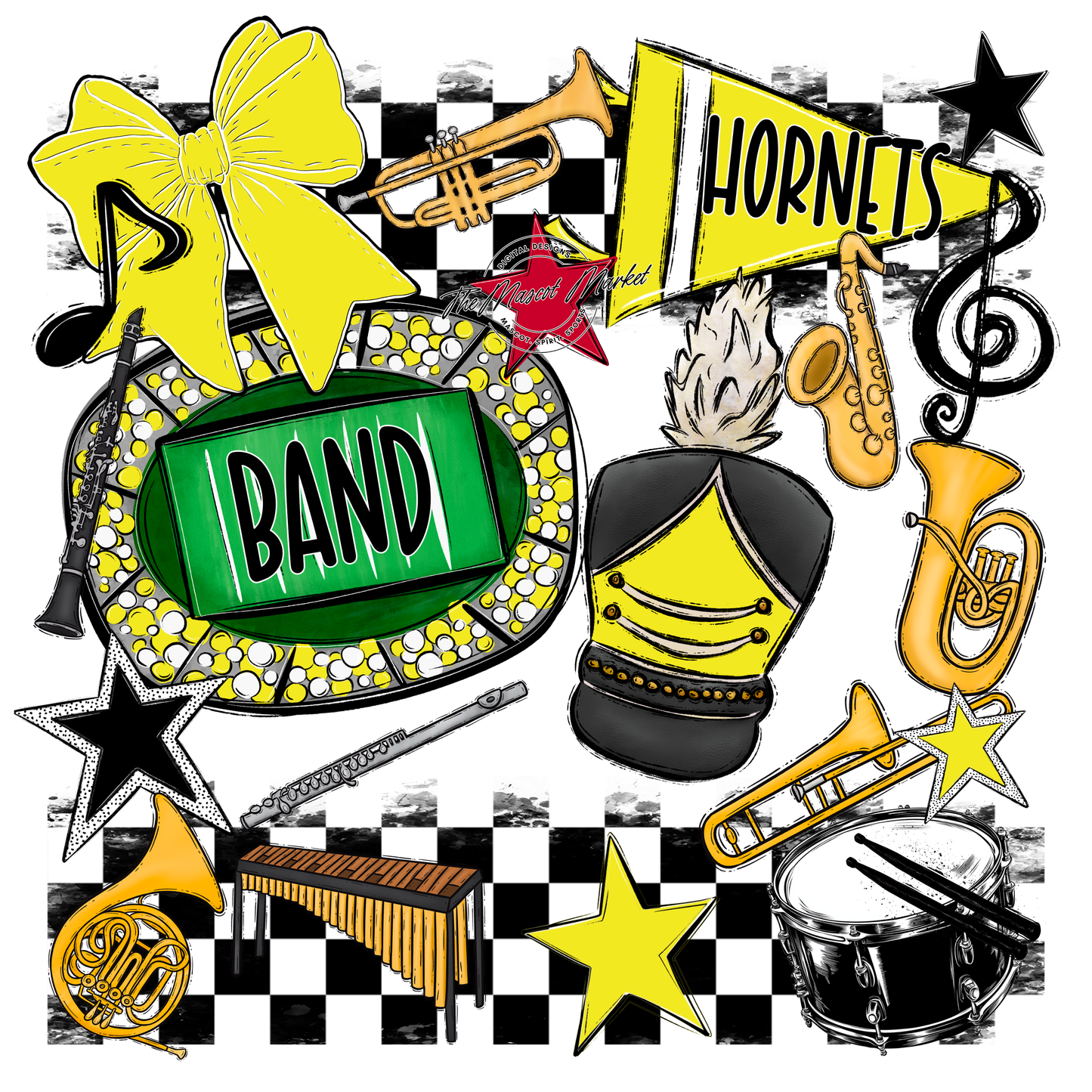 Hornets Checkers Band Spirit Design-Bright Yellow