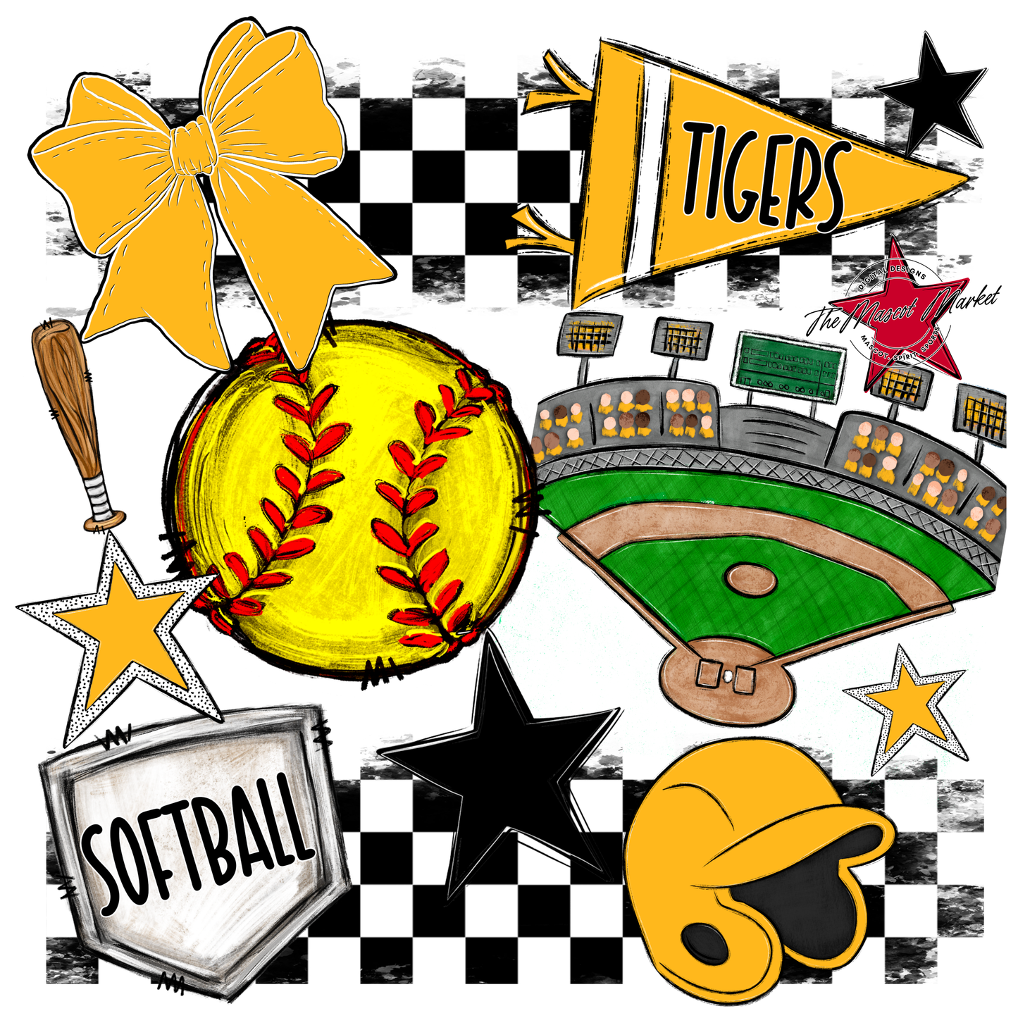 Tigers Checkers Softball Spirit Design-Yellow