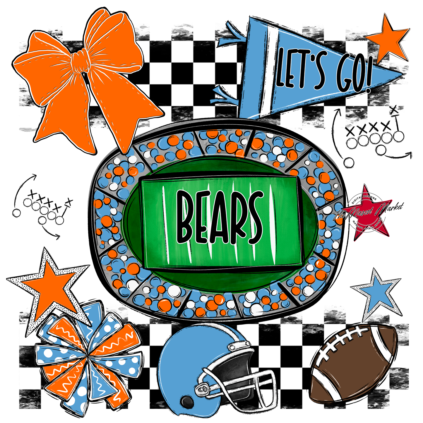 Bears Checker Spirit Design-Carolina Blue-Orange