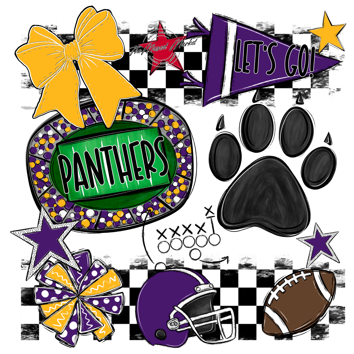 Panthers Checkers Mascot Spirit Design w Paw-Purple-Yellow