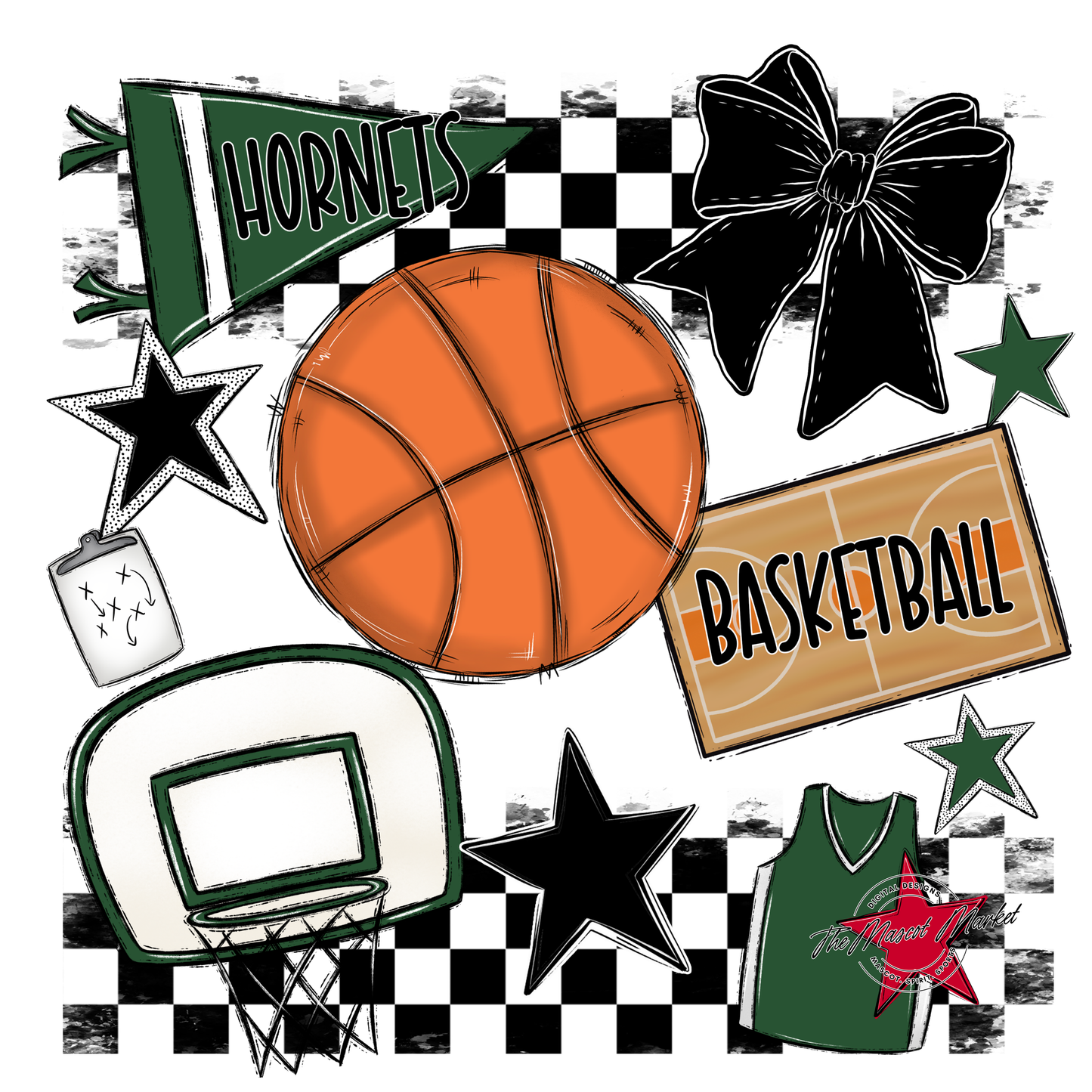 Hornets Checkers Basketball Spirit Design-Green