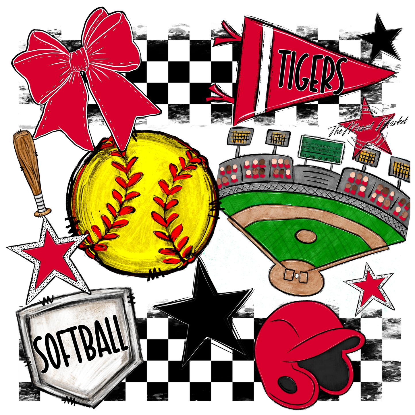 Tigers Checkers Softball Spirit Design-Red