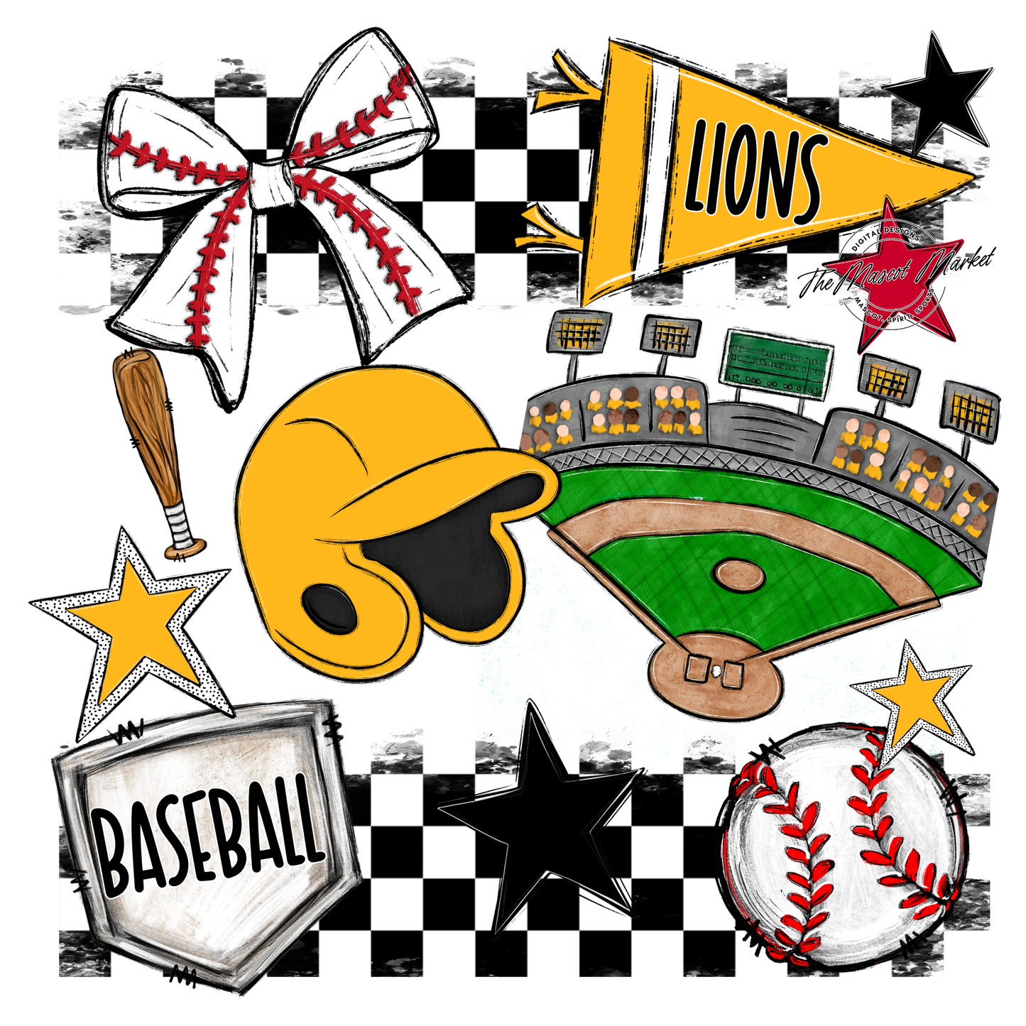 Lions Checkers Baseball Spirit Design-Yellow