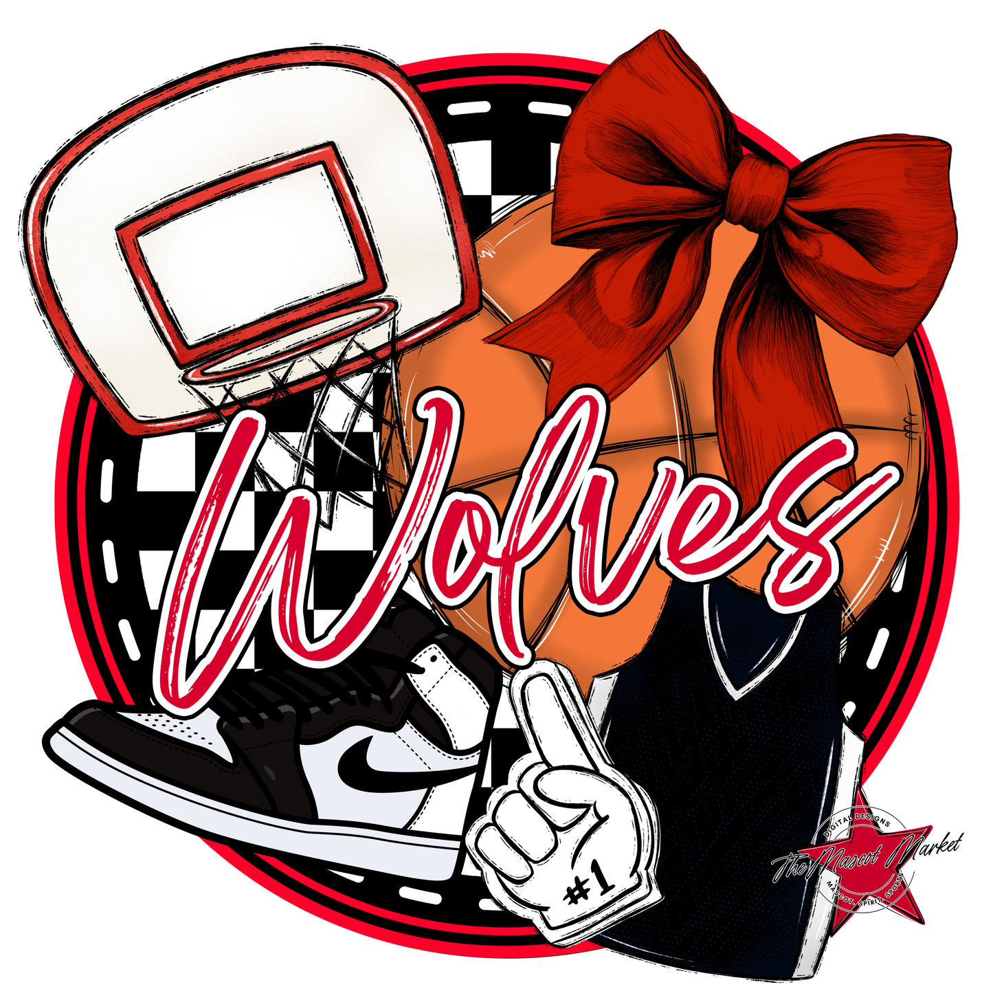 Wolves Circle Basketball Design-Red