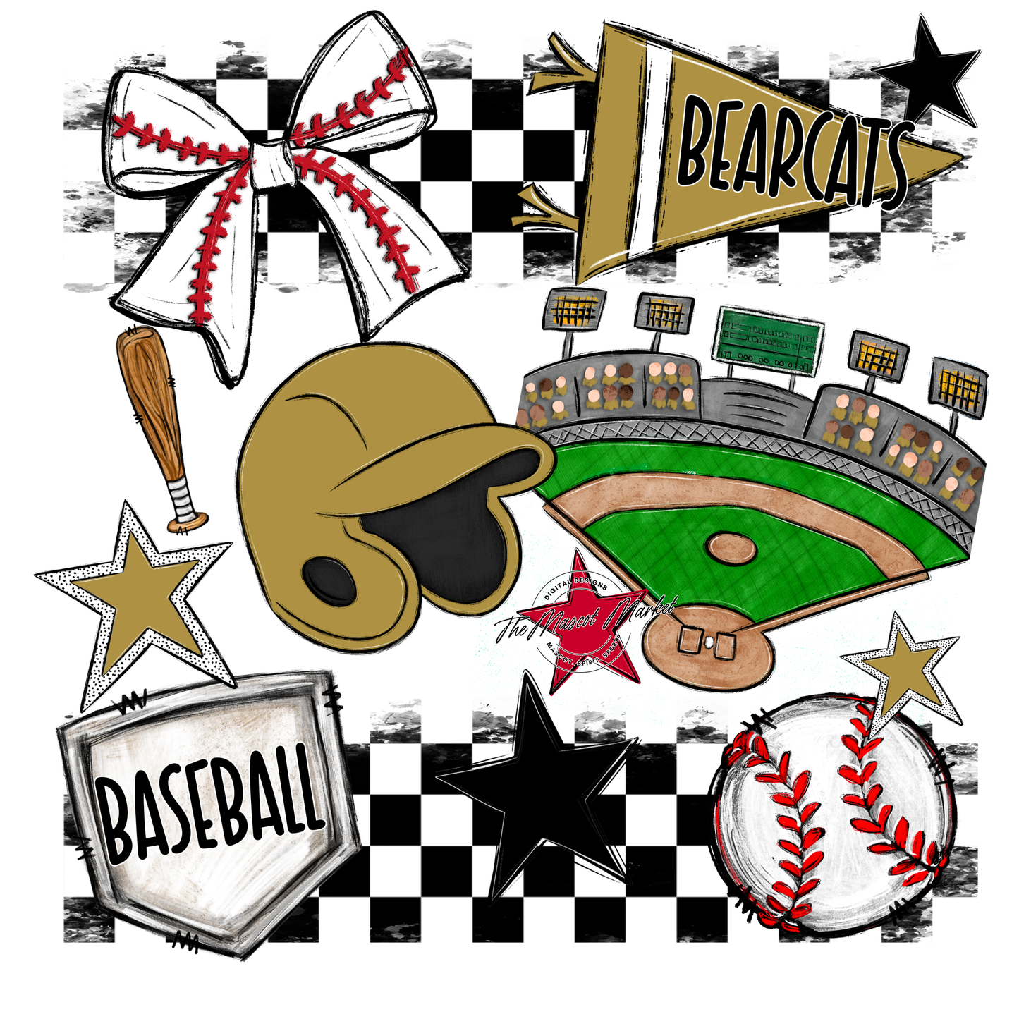 Bearcats Baseball Checkers Design-Gold