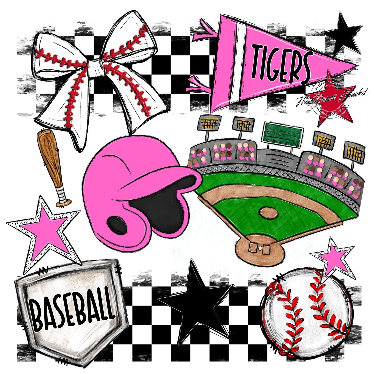 Tigers Checkers Baseball Spirit Design-Baby Pink