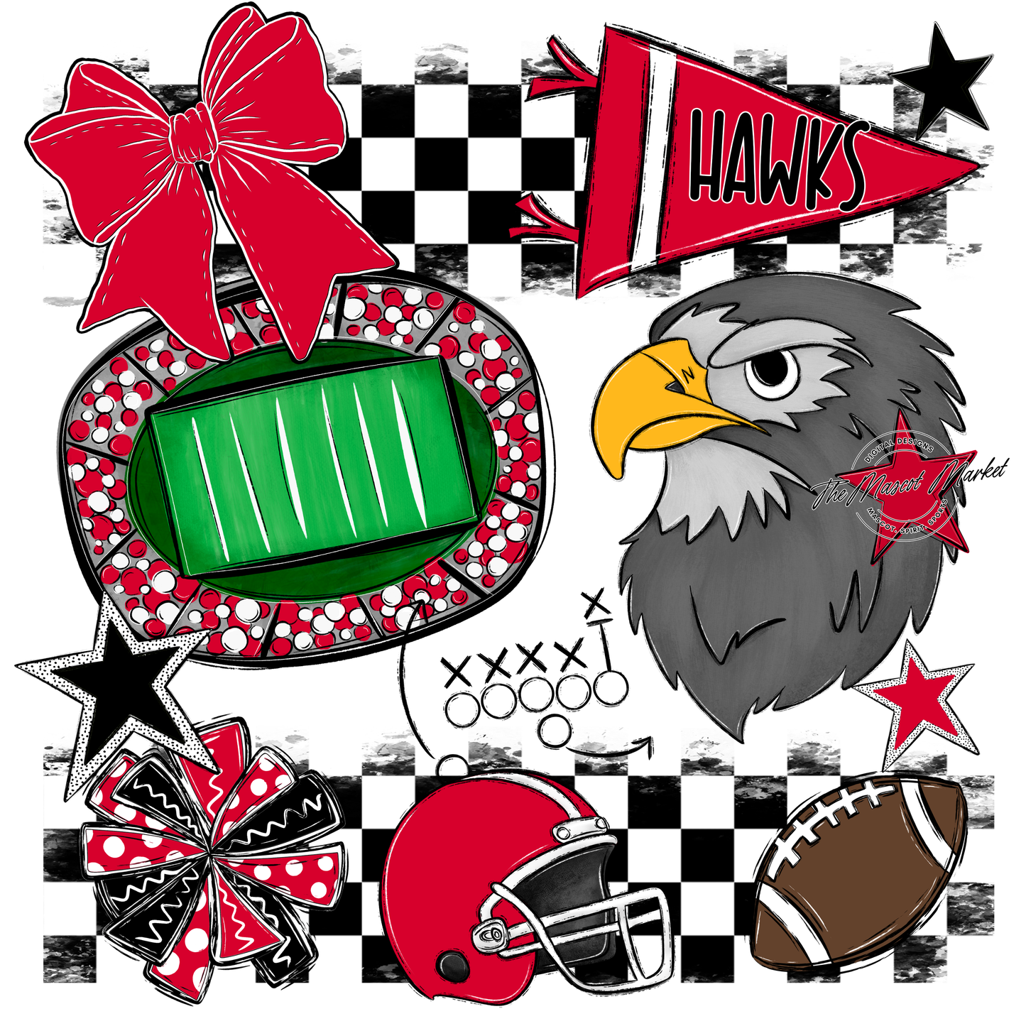 Hawks Checkers Mascot Spirit Design-Red