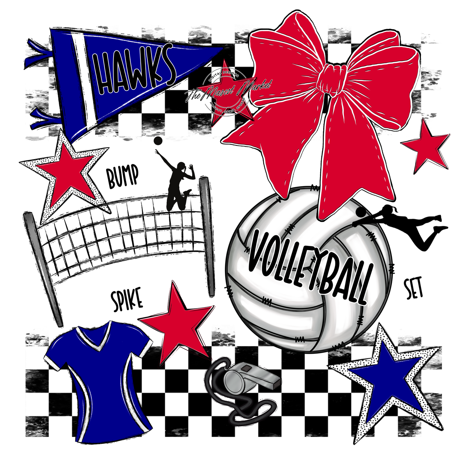 Hawks Checkers Volleyball Spirit Design-Blue-Red