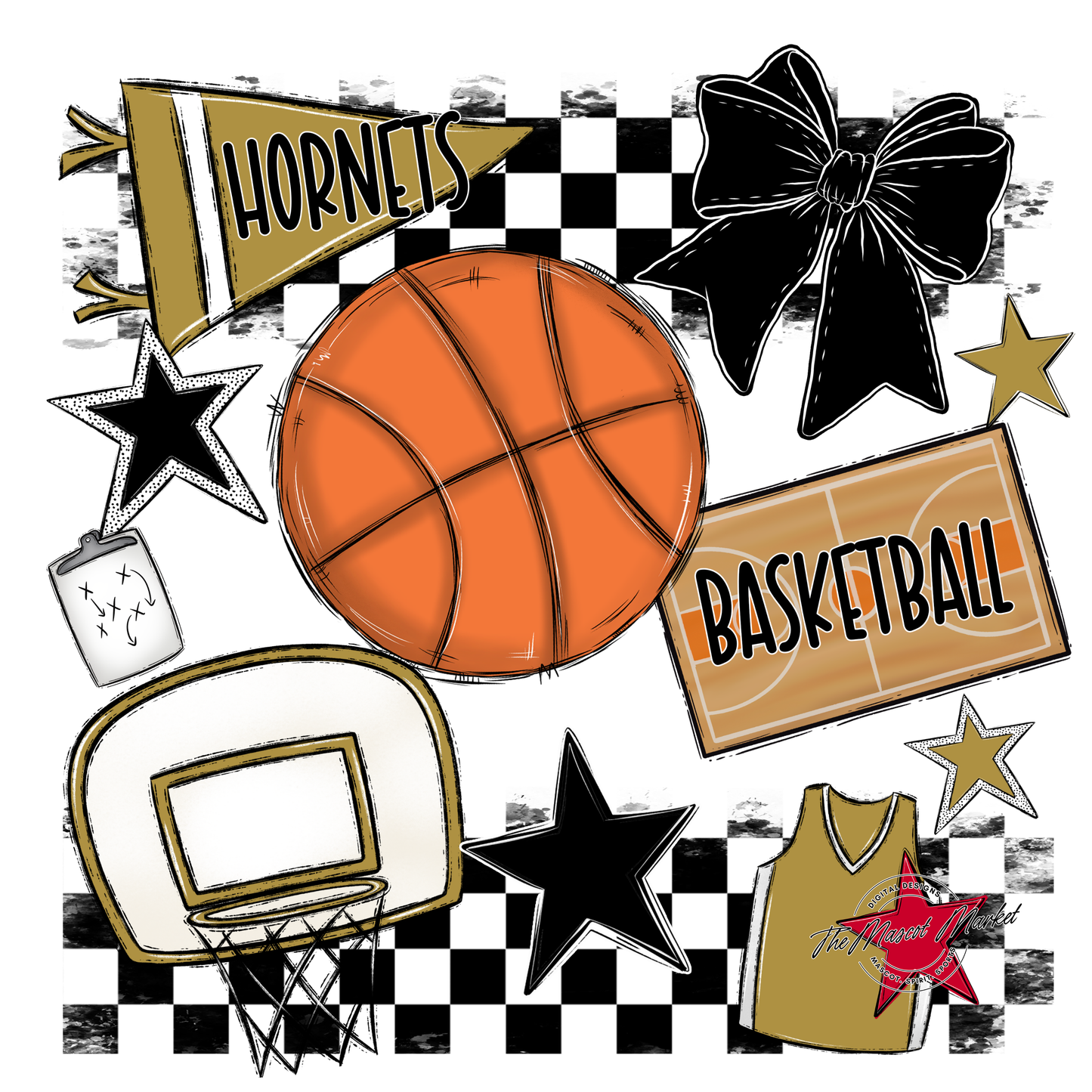 Hornets Checkers Basketball Spirit Design-Gold