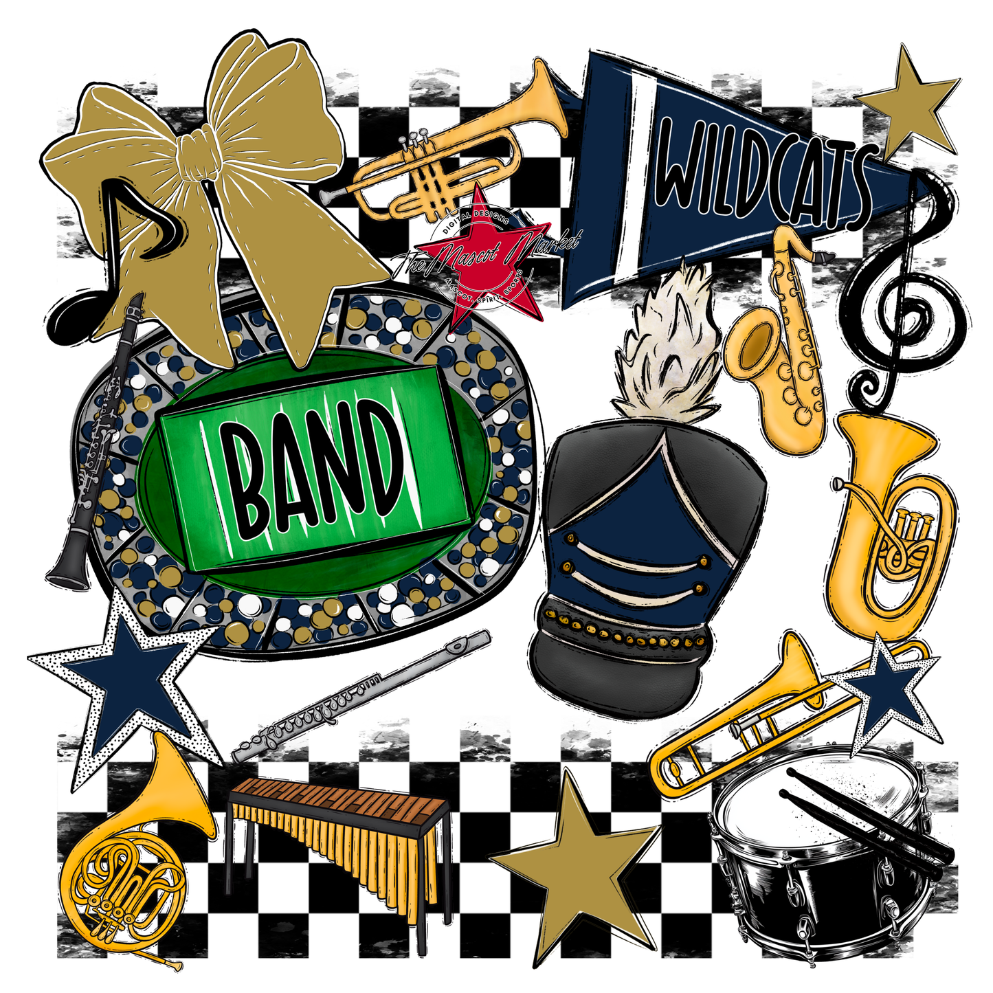 Wildcats Checkers Band Spirit Design-Navy-Gold