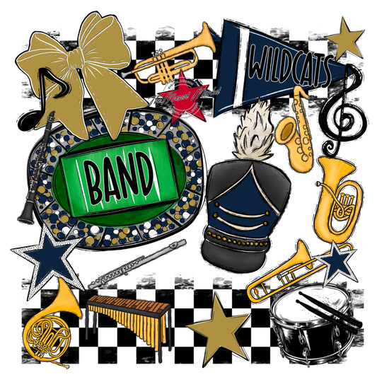 Wildcats Checkers Band Spirit Design-Navy-Gold