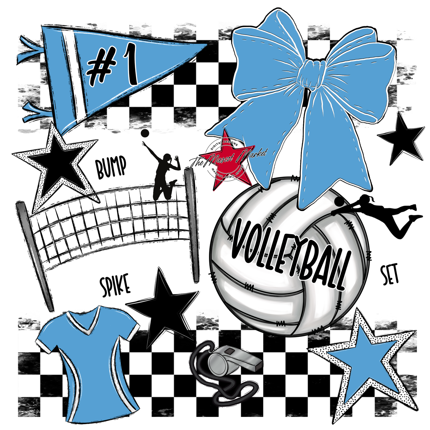 Volleyball Checkers Spirit Design-Carolina Blue