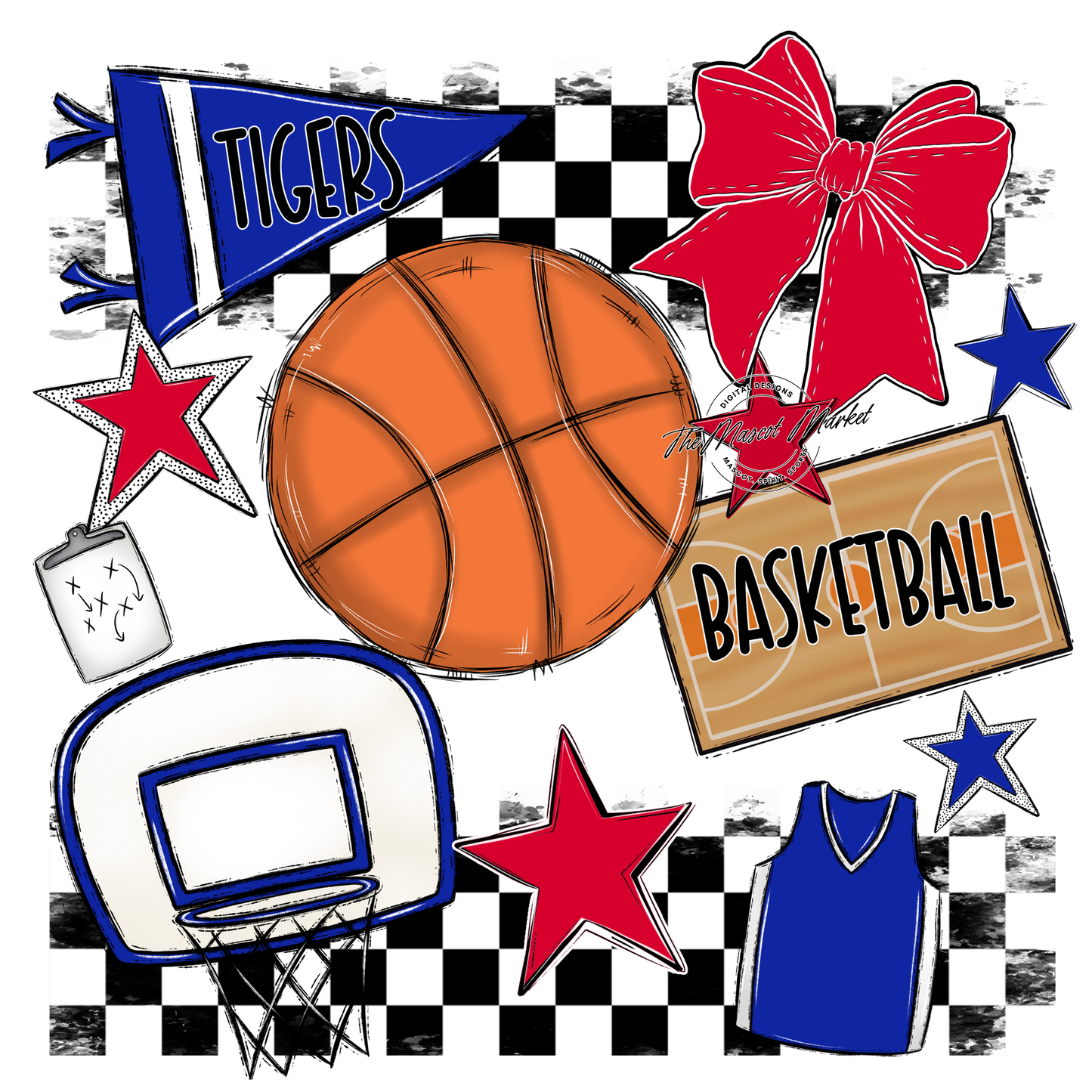 Tigers Checkers Basketball Spirit Design-Royal Blue-Red