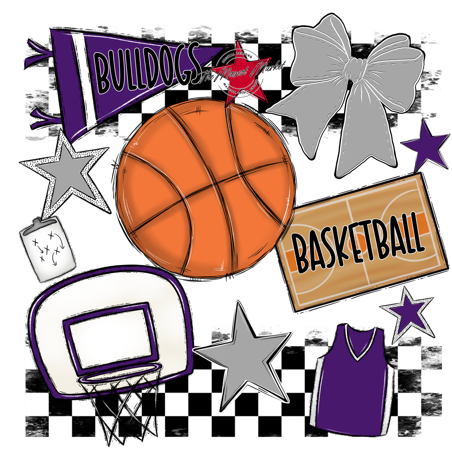 Bulldogs Checkers Basketball Spirit Design-Purple-Grey