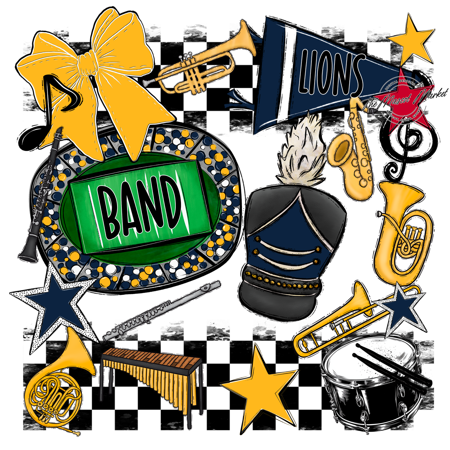 Lions Checkers Band Spirit Design-Navy-Yellow