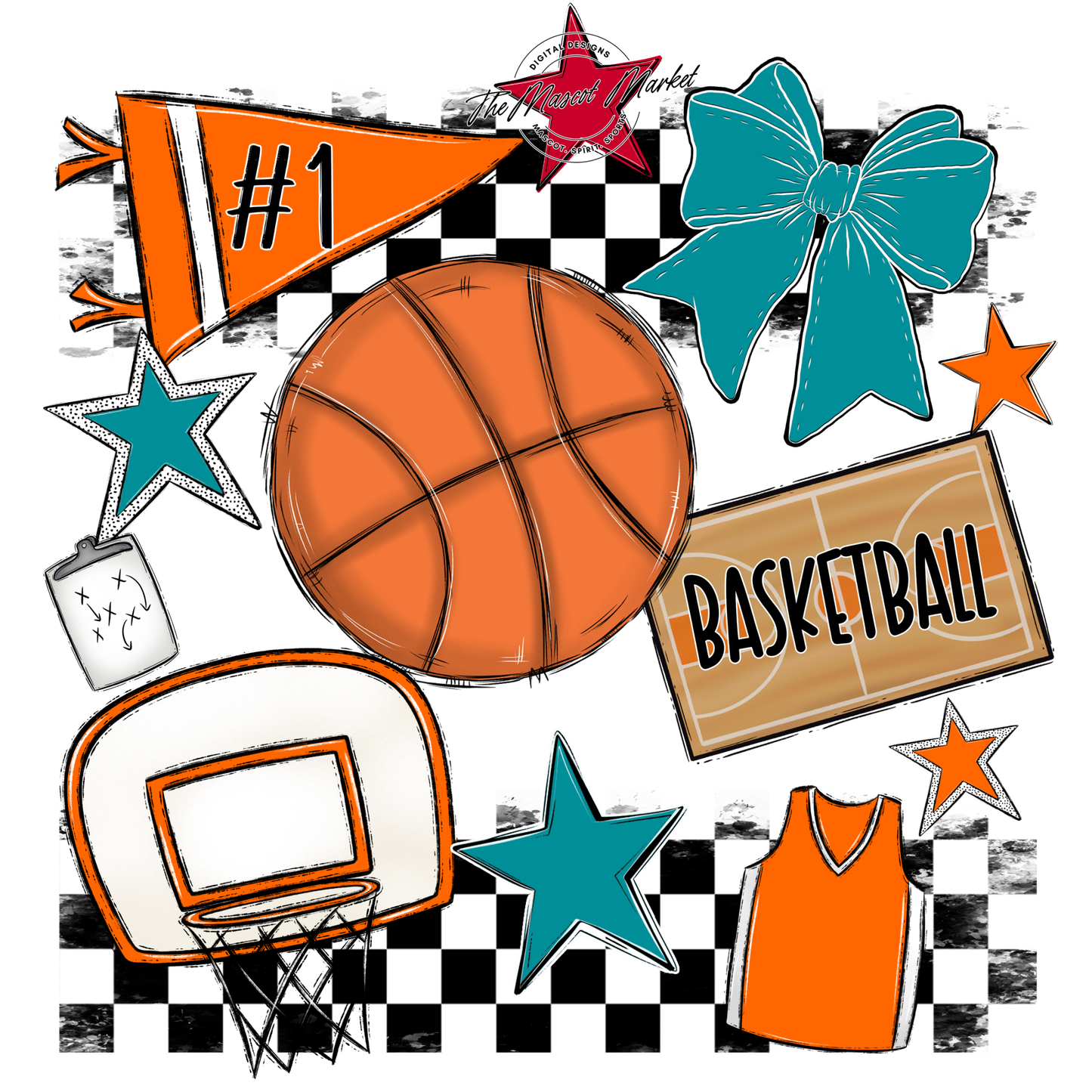 Basketball Checkers Spirit Design-Orange-Dark Teal