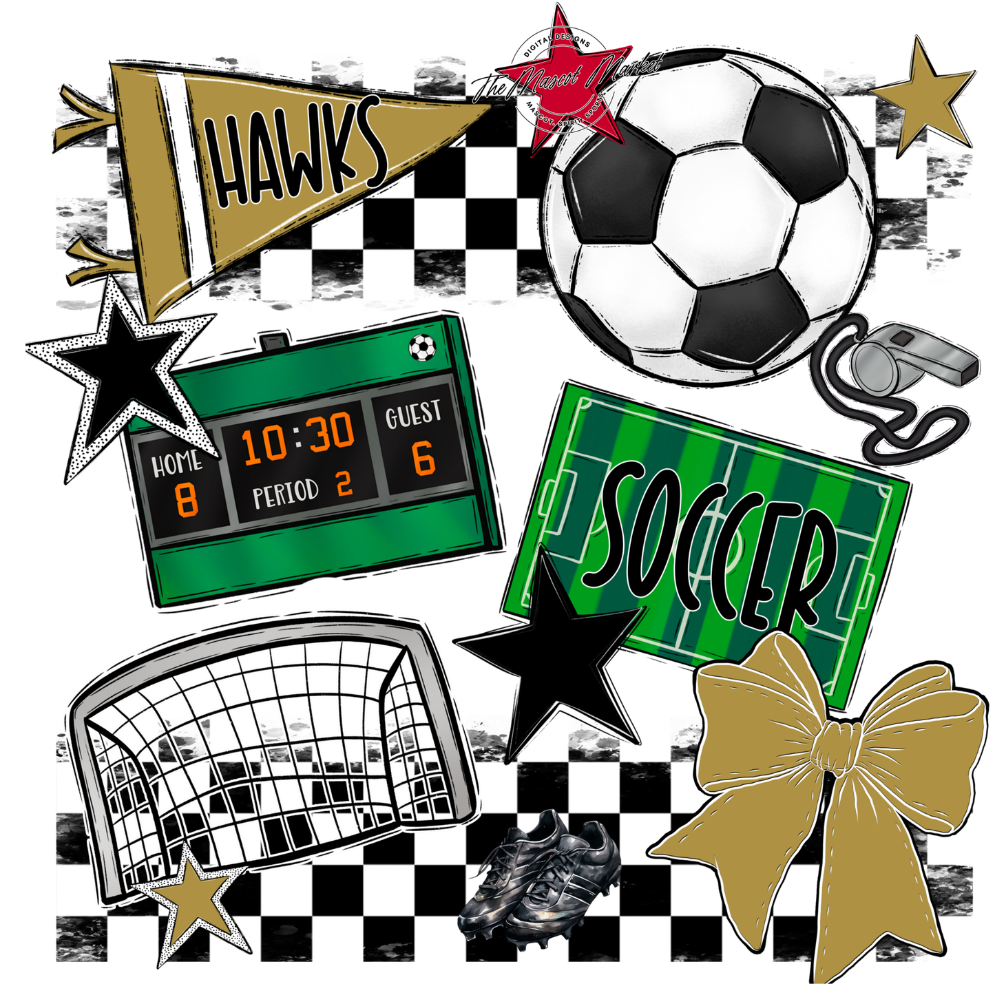 Hawks Checkers Soccer Spirit Design-Gold