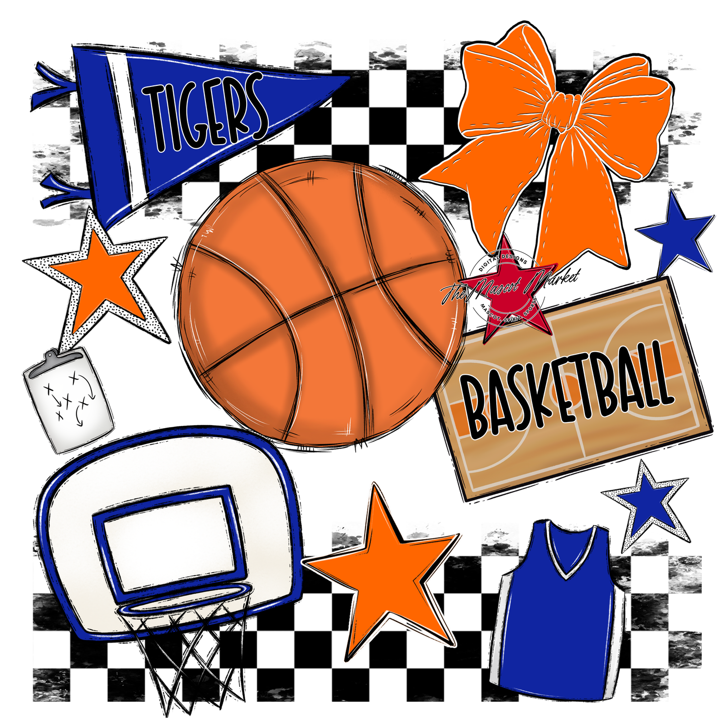 Tigers Checkers Basketball Spirit Design-Royal Blue-Orange
