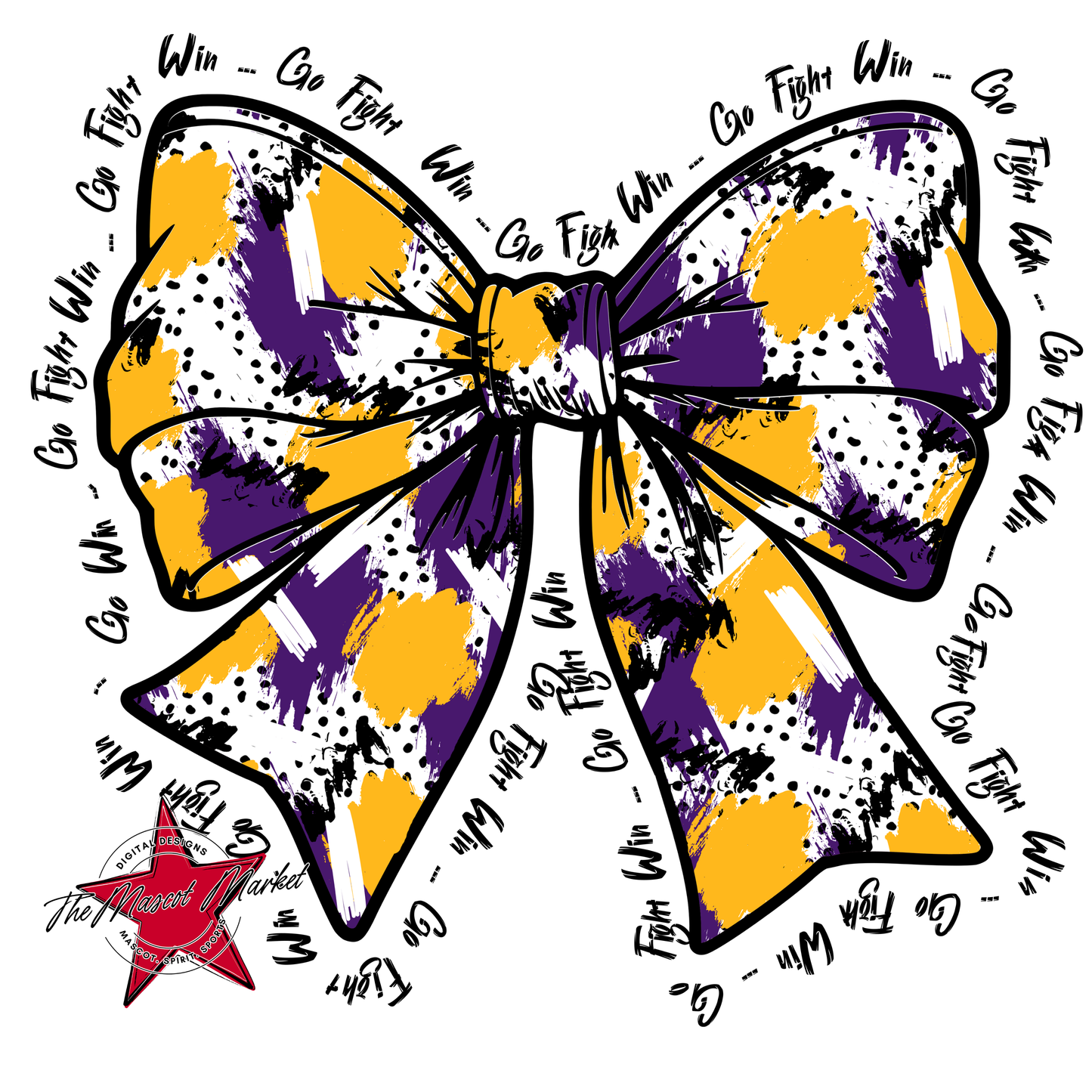 Go, Fight, Win, Splatter Bow Design-Purple-Yellow