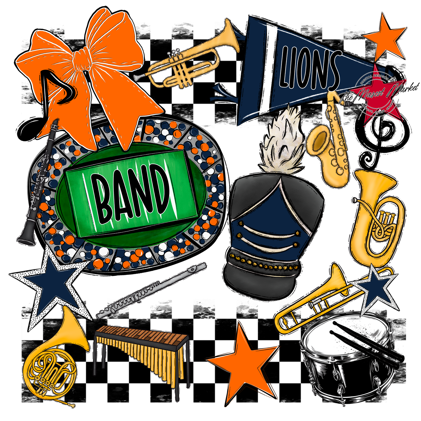 Lions Checkers Band Spirit Design-Navy-Orange