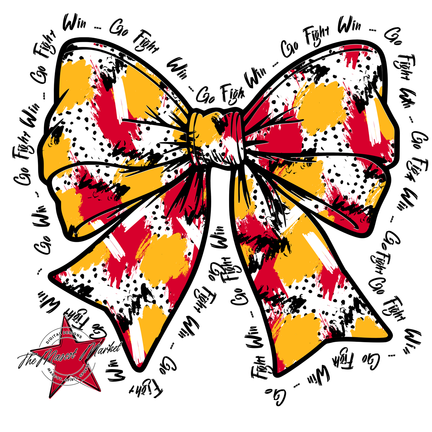 Go, Fight, Win, Splatter Bow Design-Red-Yellow
